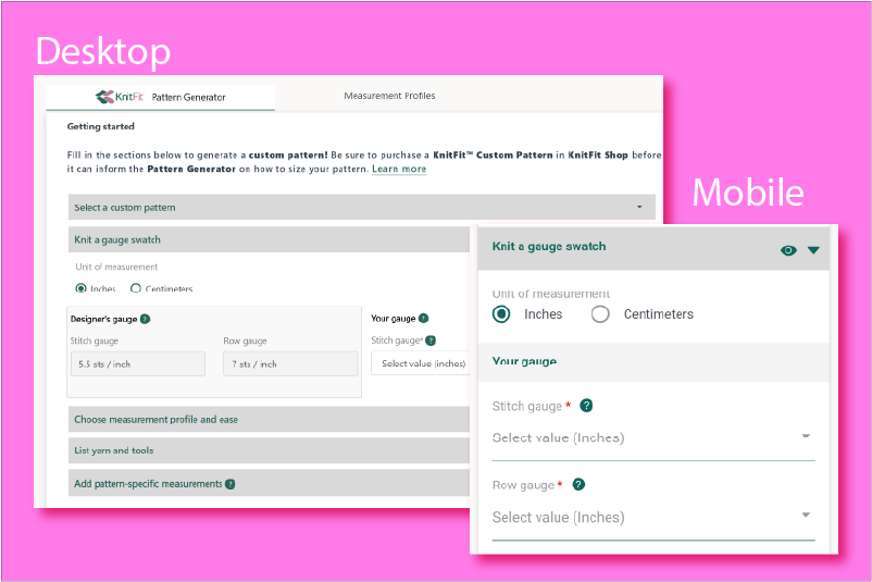 On a pink background are two floating screens showing where to enter your gauge into the KnitFit app