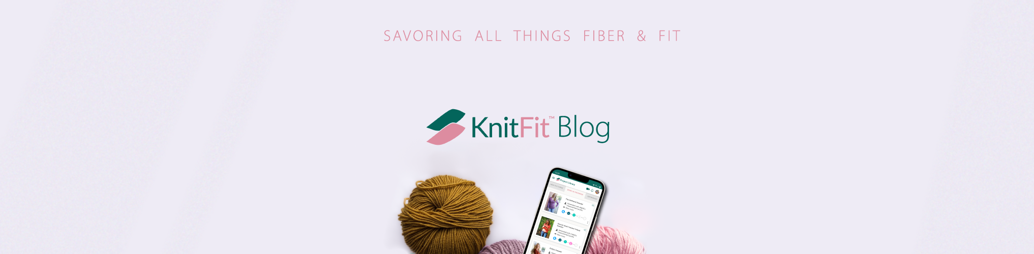 A smartphone showing the KnitFit app lies on a pile of yellow, purple, and pink yarn