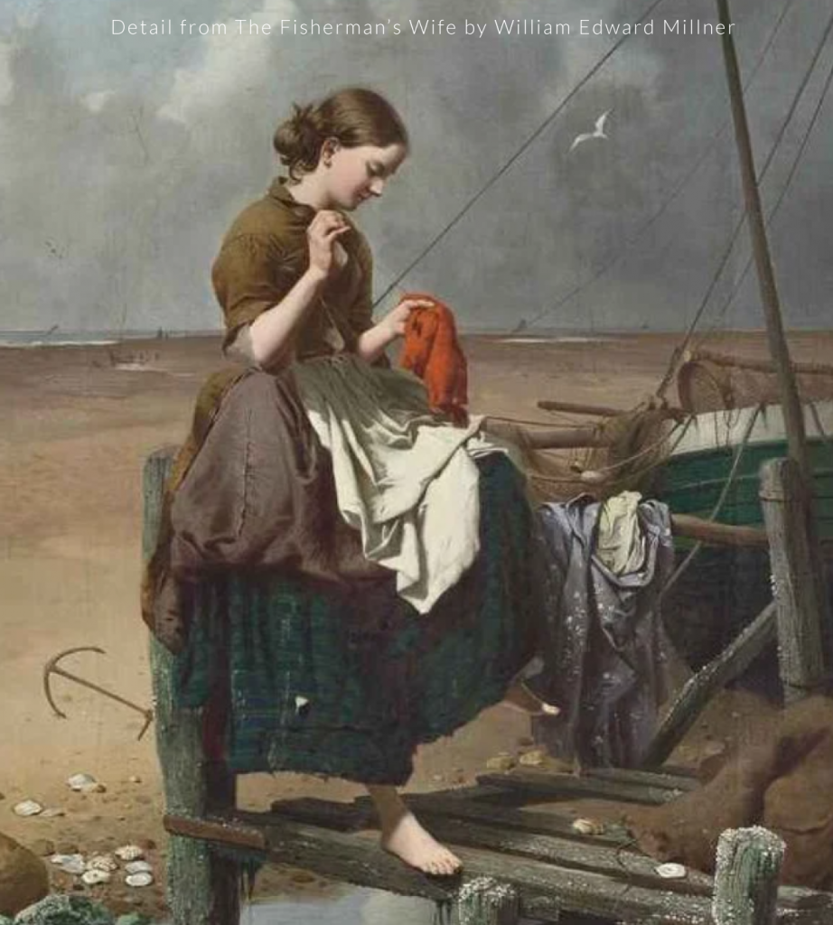 Detail from painting, The Fisherman's Wife by William Edward Millner, a woman in working class 19th century dress mends a garment by the sea